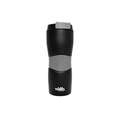 Imagen de WALLIS - VASO TÉRMICO CON GOMA ANTIDESLIZANTE Y TAPA ROSCA,470 ML, NEGRO/GRIS