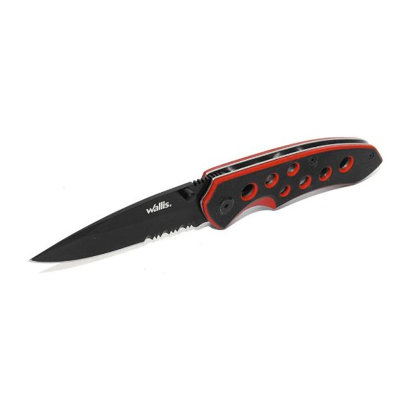 Imagen de WALLIS - NAVAJA CON MANGO PVC NEGRO CON ROJO Y CLIP, HOJA LISA-SIERRA DE 8 CM DE LARGO