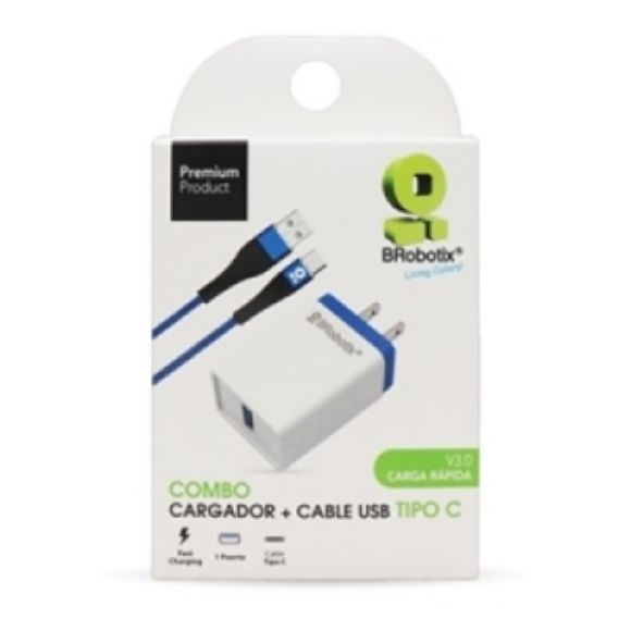 Imagen de PAQ. C/2 - DATA COMPONENTS - CARGADOR USB PARED 1PTO / CABLE USB TIPO C NGO FASTCHARGE BROBOTIX