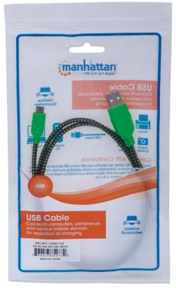 Imagen de PAQ. C/10 - MANHATTAN - CABLE USB V2.0 A-MICRO B 1.0M TEXTIL  NEGRO/VERDE