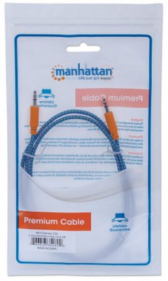 Imagen de PAQ. C/10 - MANHATTAN - CABLE STEREO M-M (IPOD A STEREO) 1.0M TEXTIL AZUL/NARANJA