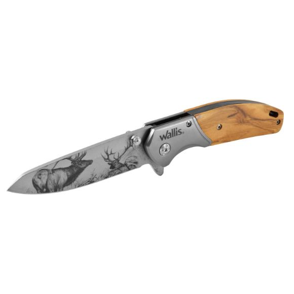 Imagen de WALLIS - NAVAJA CON MANGO MADERA C/ACERO, HOJA LISA C/DISEÑO ALCE, 8.5 CM, CLIP