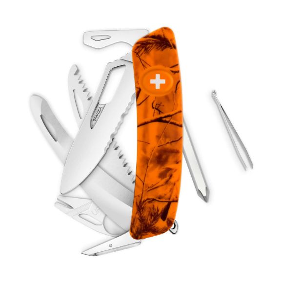Imagen de SWIZA - NAVAJA HUNTING SINGLE HAND SH10 TR-HUTT, WAVY EDGE, 14 FUNCIONES, CAMO RAMAS NARANJA