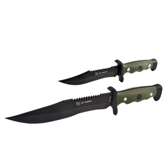 Imagen de MIGUEL NIETO - DUO DE CUCHILLOS COMBATE, ACERO AN-58 PAVONADO, MANGOS ABS Y ZAMAK, HOJAS LISAS 11/23 CM, PESO 530 GR